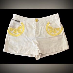 Rebecca Taylor cream linen shrts w yellow lemon appliqué pckts SZ 10 beach